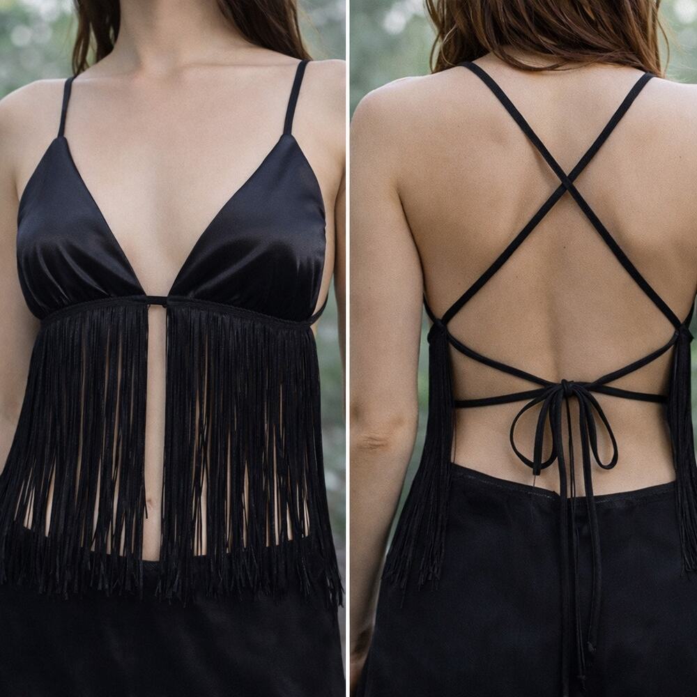 Black Fringe Halter Tie Back Crop Top Open Back Festival Y2K Medium Boho Cowgirl